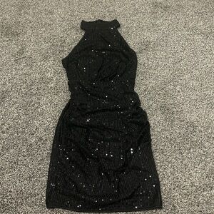 Black sequin halter dress
